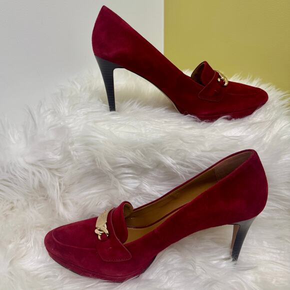 Coach Garden Loafer Platform Pump Heels Dark Red Suede Logo Womens 9B Career - Picture 1 of 14